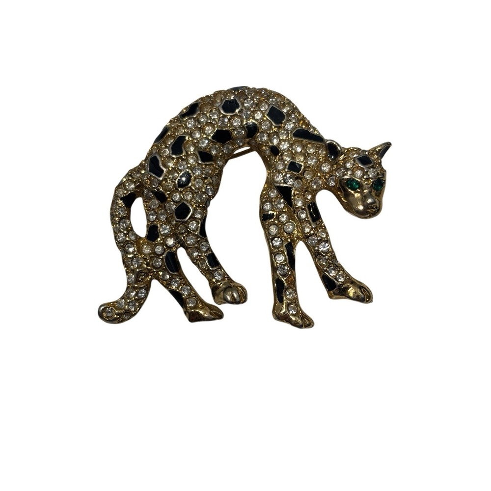 Vintage Gold Tone Rhinestone Enamel Green Eyes Leopard Cheetah Cat Brooch Pin